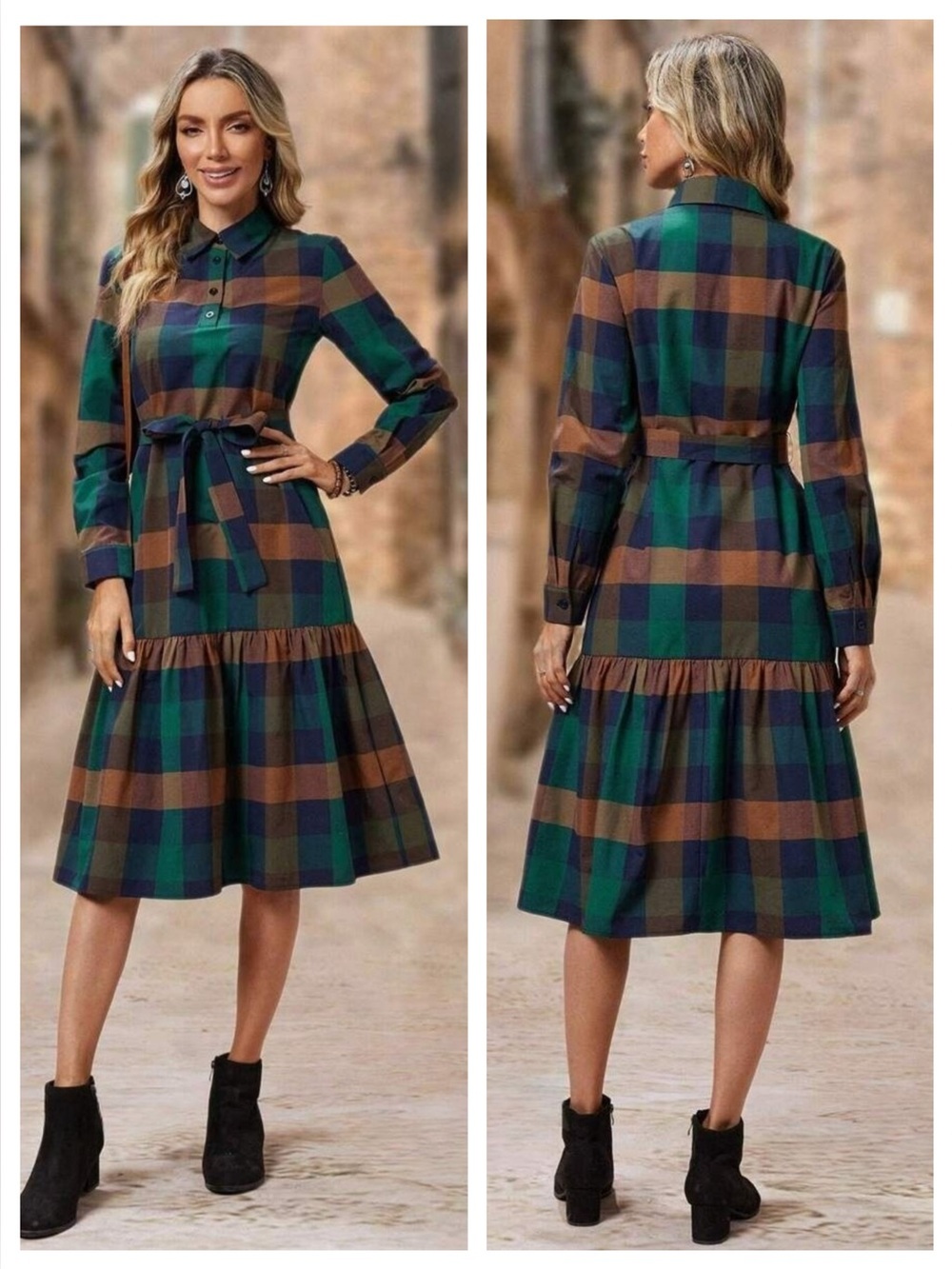 Emery Rose by SHEIN Plaid Long-Sleeve Midi Shirt Dress with Belt  Size S